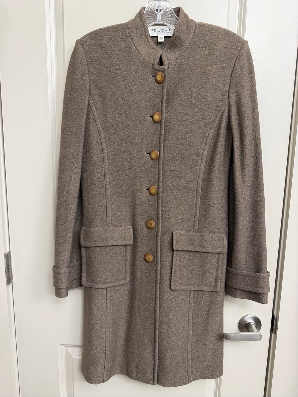 St. John Taupe Stand-Collar Wool-Blend Pea Coat